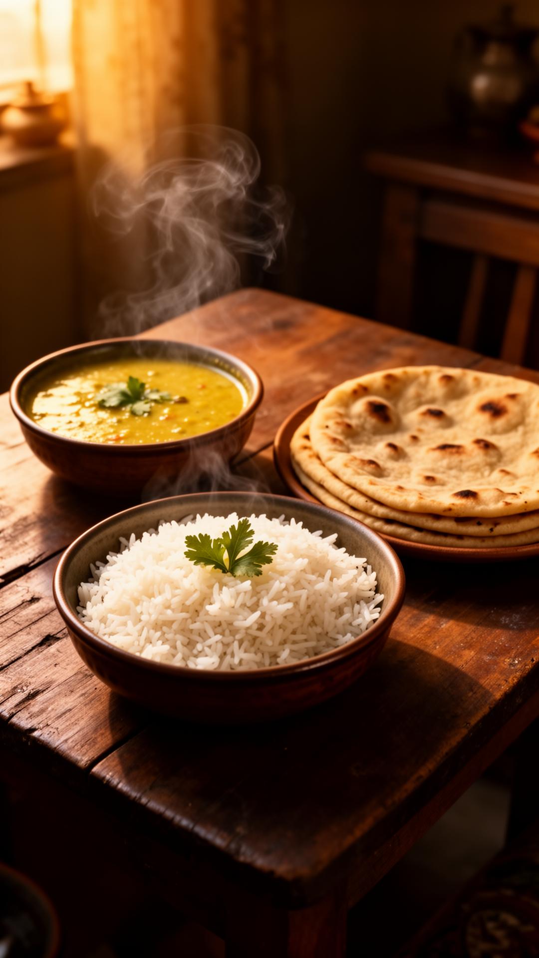 Homestyle Indian meal — dal, rice and roti